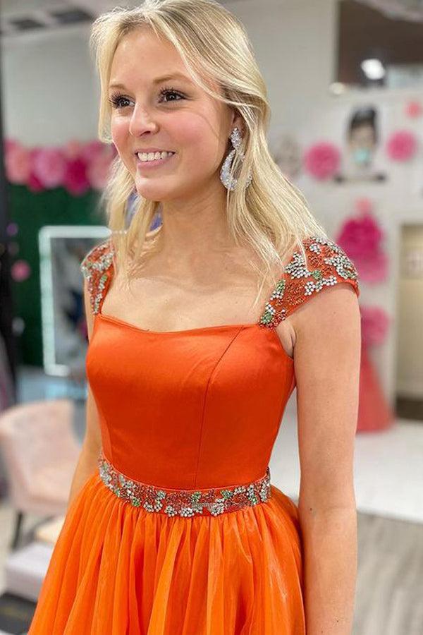 A Line Square Neck Orange Organza Prom Dress with Beading TP1081