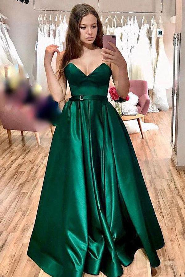 A Line Strapless Prom Dress Satin Long Green Evening Dresses TP1021