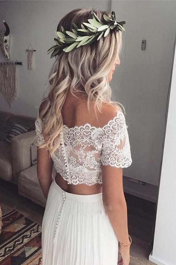 A Line Two Piece Off the Shoulder Short Sleeves Lace Wedding Dresses TN276