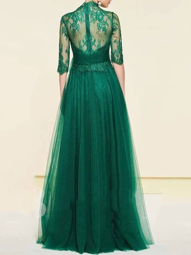 A-Line Mother of the Bride Dress Elegant High Neck Floor Length Chiffon Lace Half Sleeve with Lace Pleats Appliques - RongMoon