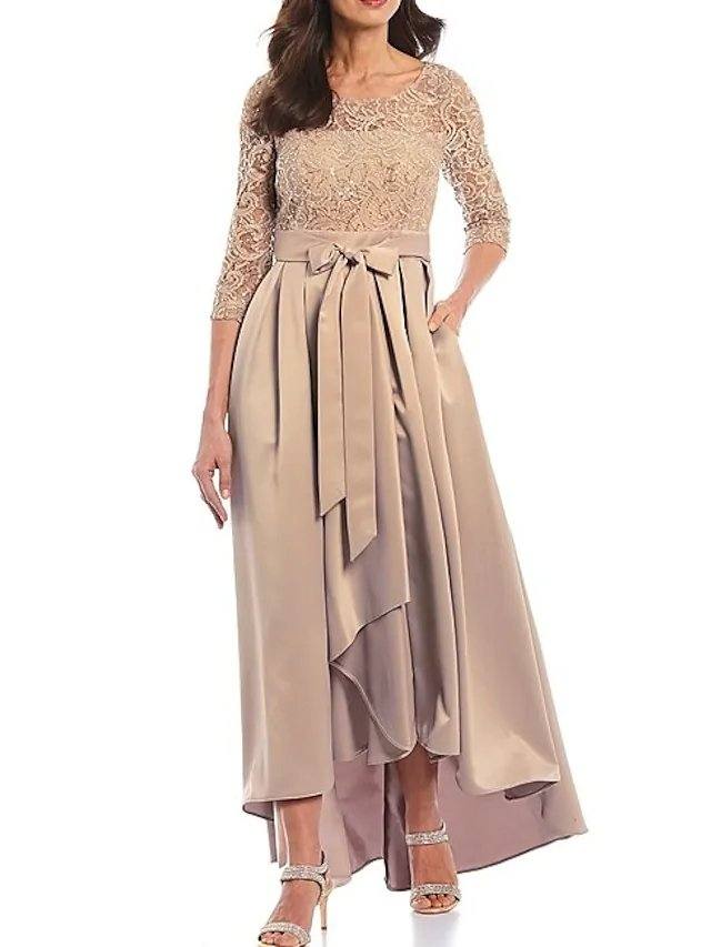 A-Line Mother of the Bride Dress Elegant Jewel Neck Asymmetrical Lace Satin 3/4 Length Sleeve with Bow(s) Pleats - RongMoon