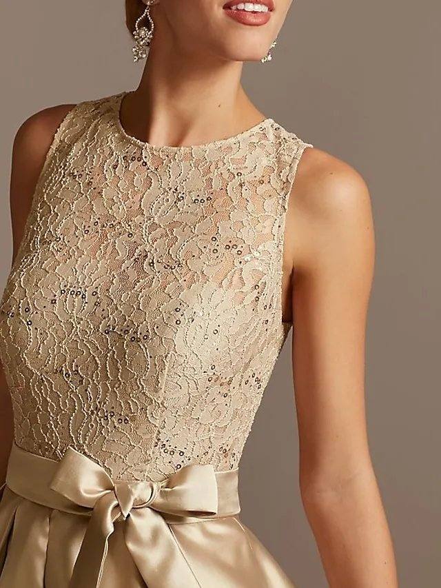 A-Line Mother of the Bride Dress Elegant Jewel Neck Asymmetrical Satin Sleeveless with Bow(s) - RongMoon