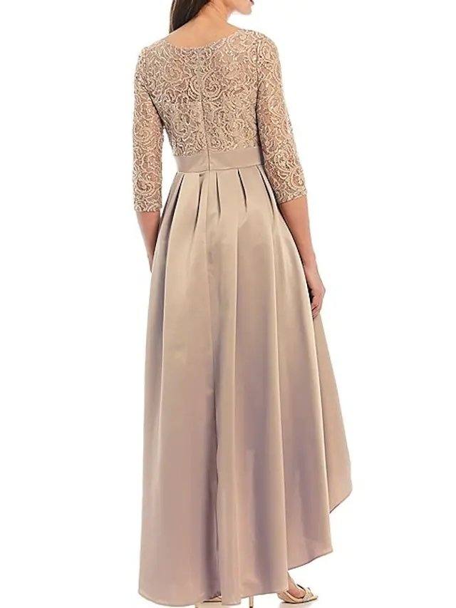 A-Line Mother of the Bride Dress Elegant Jewel Neck Asymmetrical Lace Satin 3/4 Length Sleeve with Bow(s) Pleats - RongMoon