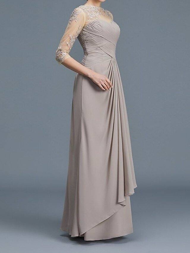 A-Line Mother of the Bride Dress Elegant Illusion Neck Floor Length Chiffon Lace 3/4 Length Sleeve with Lace Appliques Ruching - RongMoon
