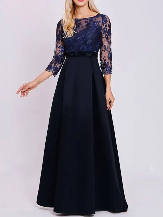 A-Line Mother of the Bride Dress Elegant Jewel Neck Floor Length Lace Satin 3/4 Length Sleeve with Sash / Ribbon Pleats Appliques - RongMoon