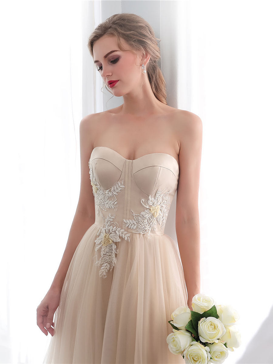 A line sweetheart neck tulle long prom dress champagne tulle formal dress