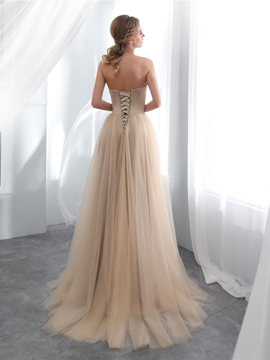 A line sweetheart neck tulle long prom dress champagne tulle formal dress