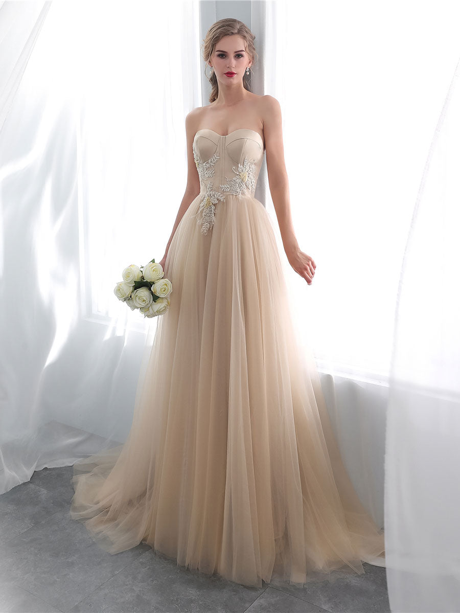 A line sweetheart neck tulle long prom dress champagne tulle formal dress