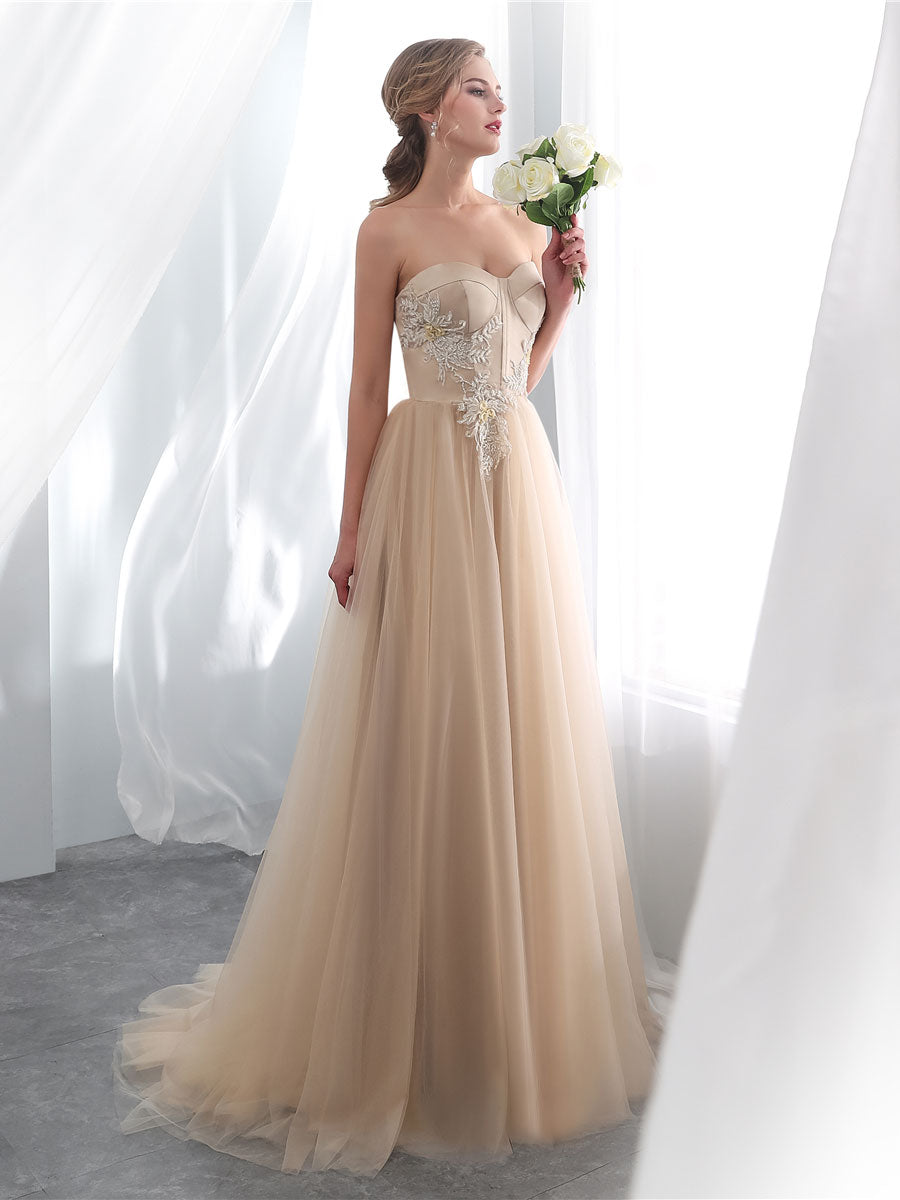 A line sweetheart neck tulle long prom dress champagne tulle formal dress