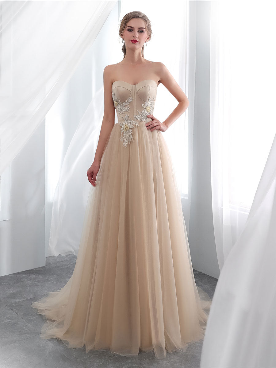 A line sweetheart neck tulle long prom dress champagne tulle formal dress