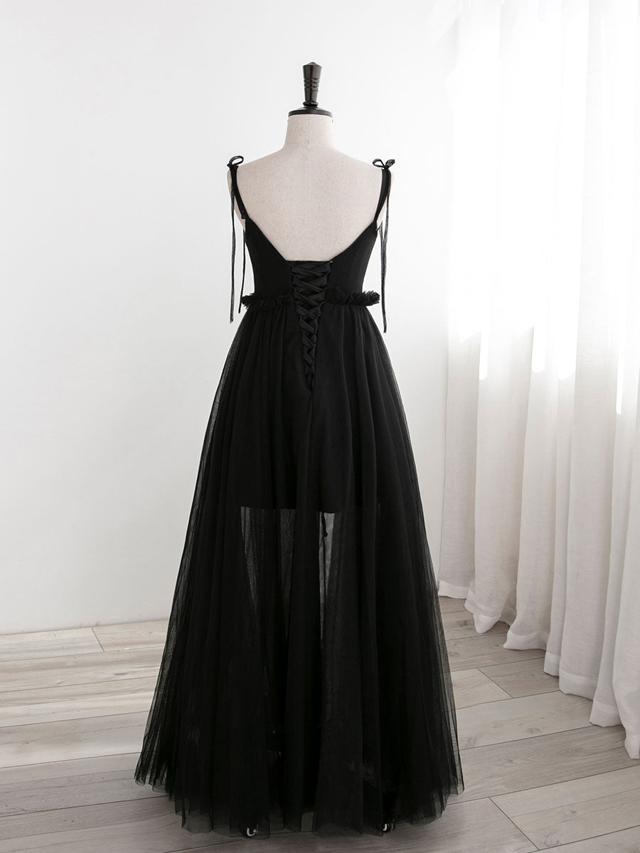 A-Line Black Tulle Long Prom Dresses, Black Formal Evening Dresses