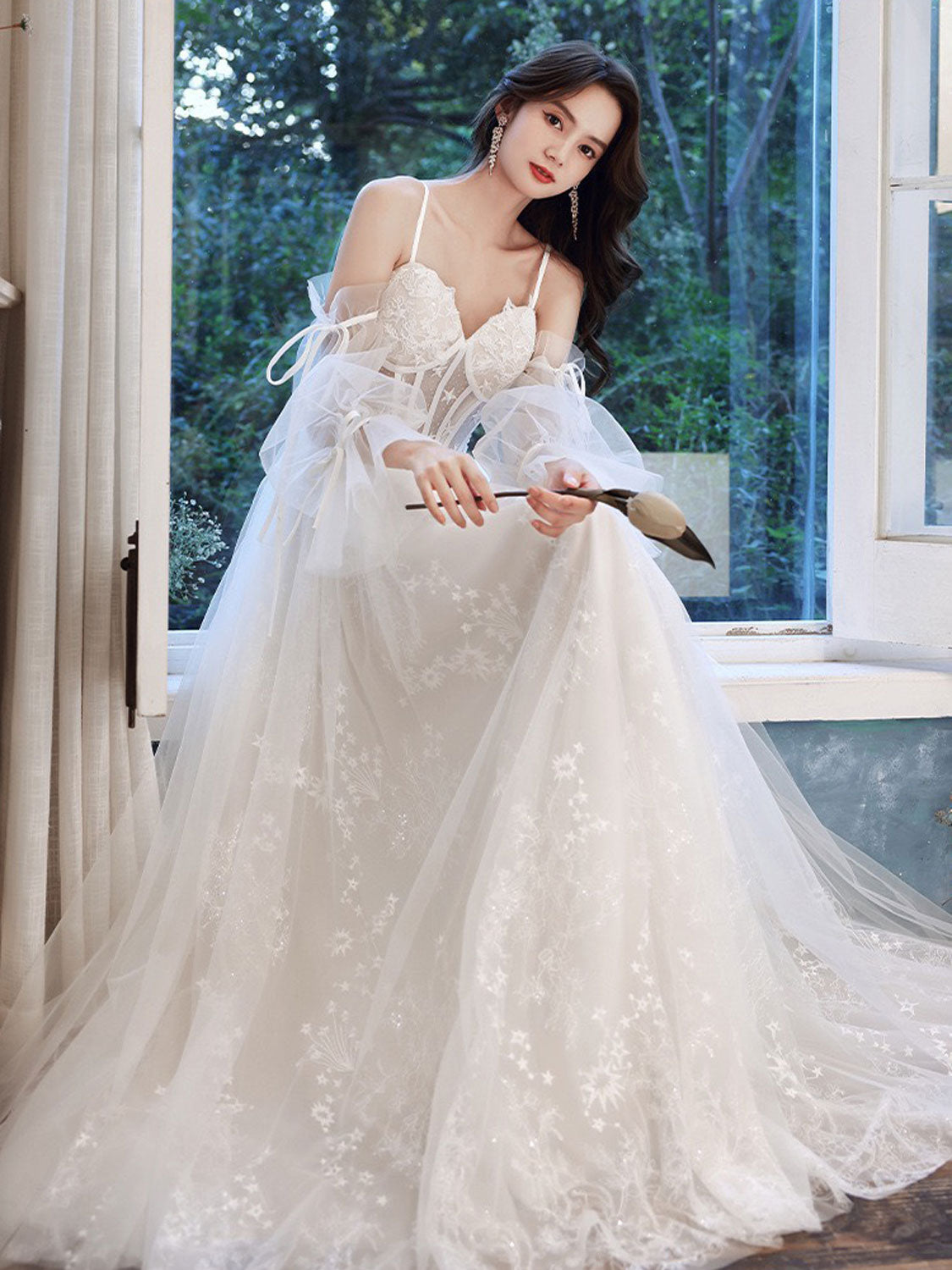 A line ivory tulle lace long prom dress, lace evening dress