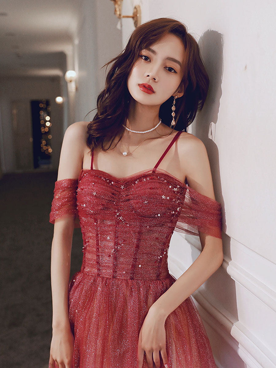 A line burgundy tulle long prom dress, burgundy tulle formal dress