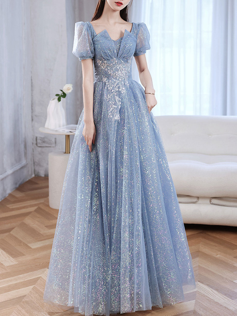 A-Line Blue Tulle Shiny Long Prom Dress, Blue Formal Evening Dresses