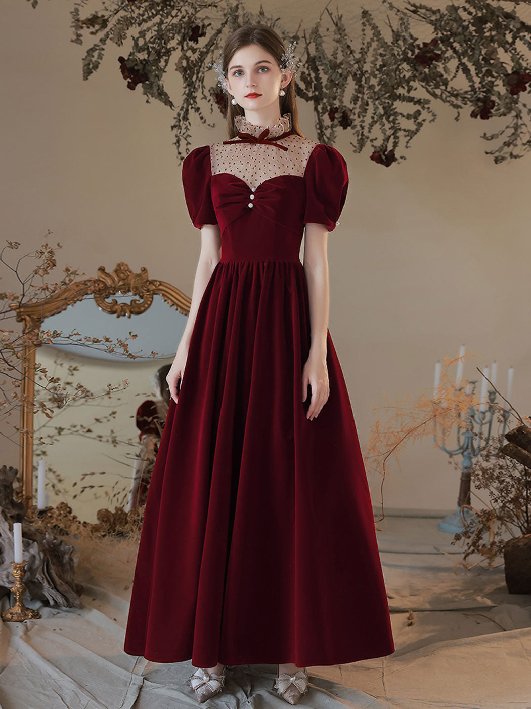 A line Velvet Tea Length Burgundy Prom Dresses, Formal Burgundy Velvet Bridesmaid Dresses