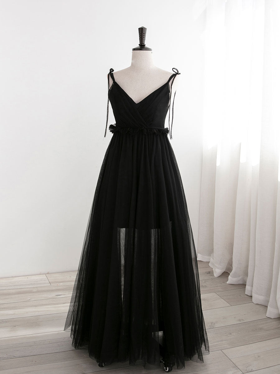 A-Line Black Tulle Long Prom Dresses, Black Formal Evening Dresses