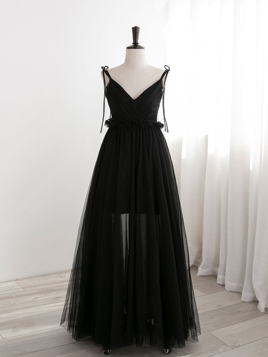A-Line Black Tulle Long Prom Dresses, Black Formal Evening Dresses