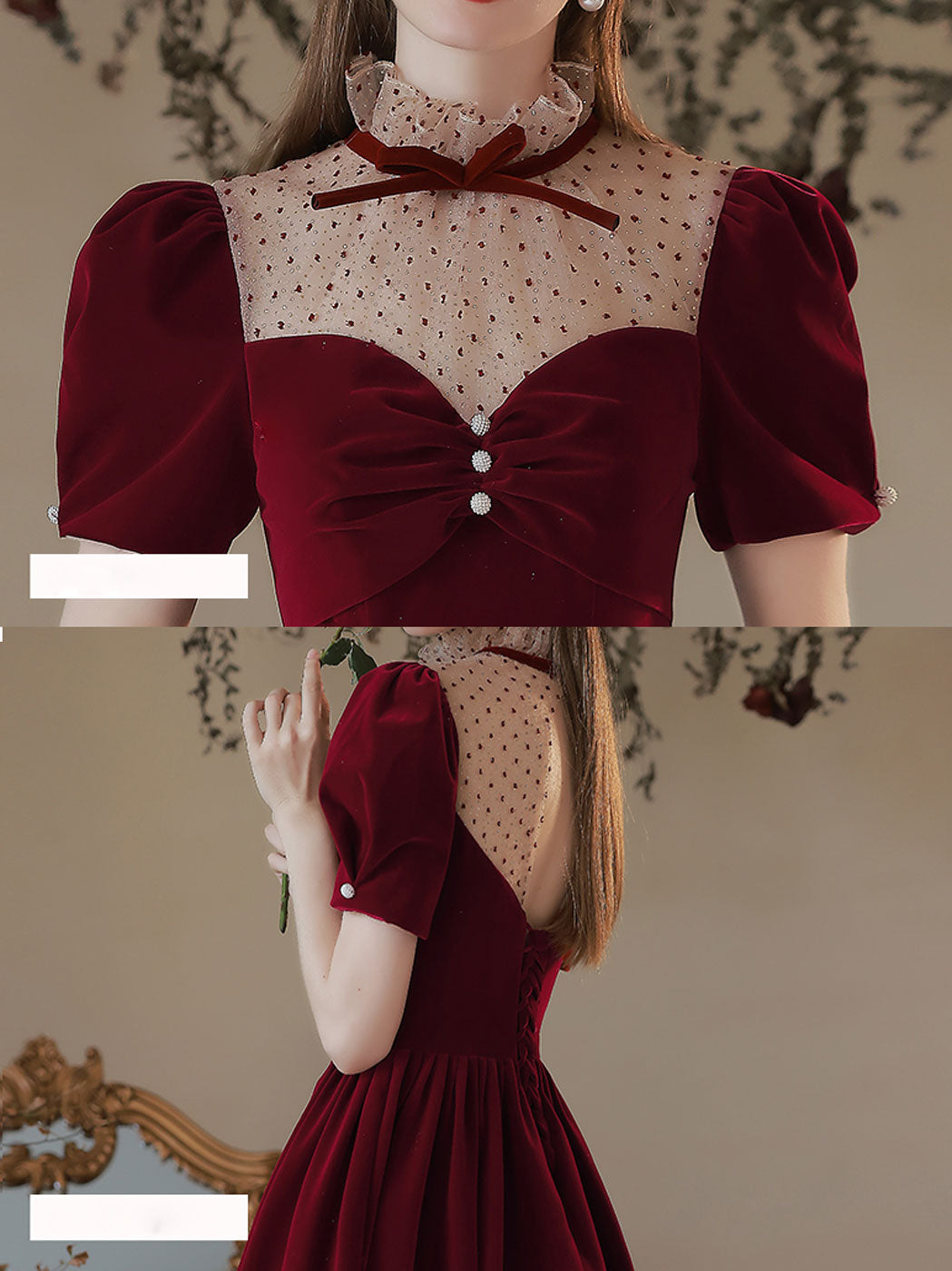A line Velvet Tea Length Burgundy Prom Dresses, Formal Burgundy Velvet Bridesmaid Dresses