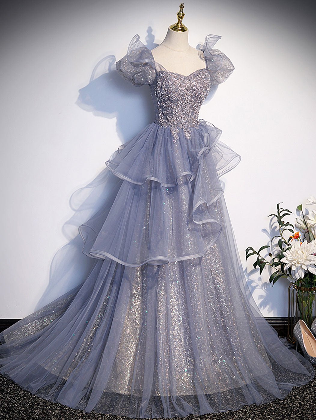A-Line Gray Sequin Long Prom Dress, Sequin Tulle Formal Evening Dresses