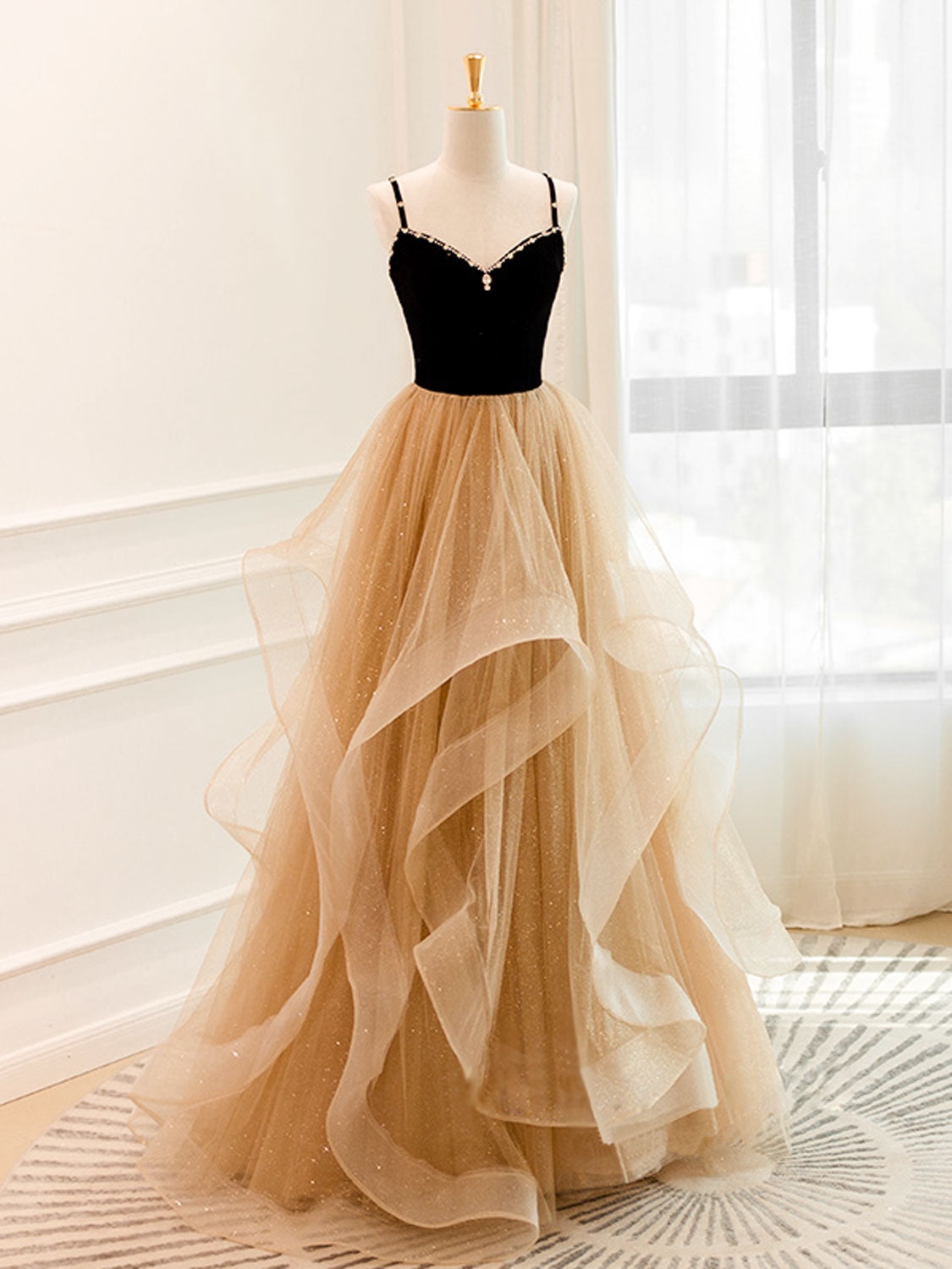 A-Line Champagne Tulle Long Prom Dress, Champagne Evening Dresses