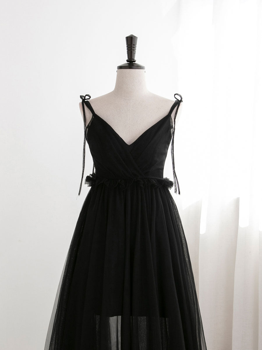 A-Line Black Tulle Long Prom Dresses, Black Formal Evening Dresses