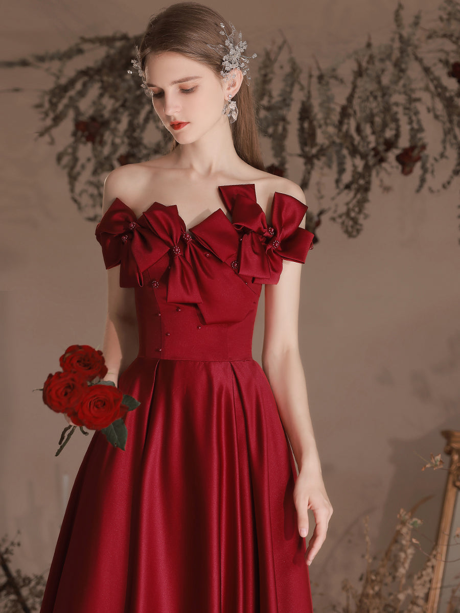 A-Line Burgundy Satin Long Prom Dress, Burgundy Formal Dress