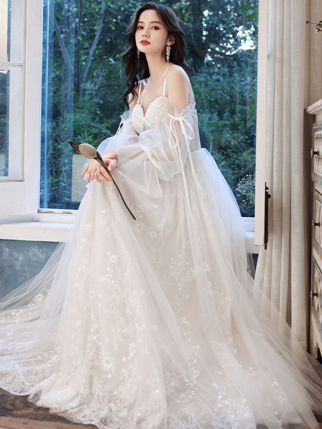 A line ivory tulle lace long prom dress, lace evening dress