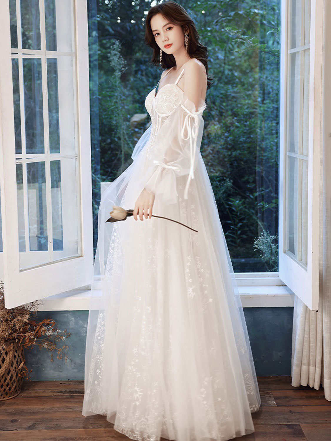 A line ivory tulle lace long prom dress, lace evening dress