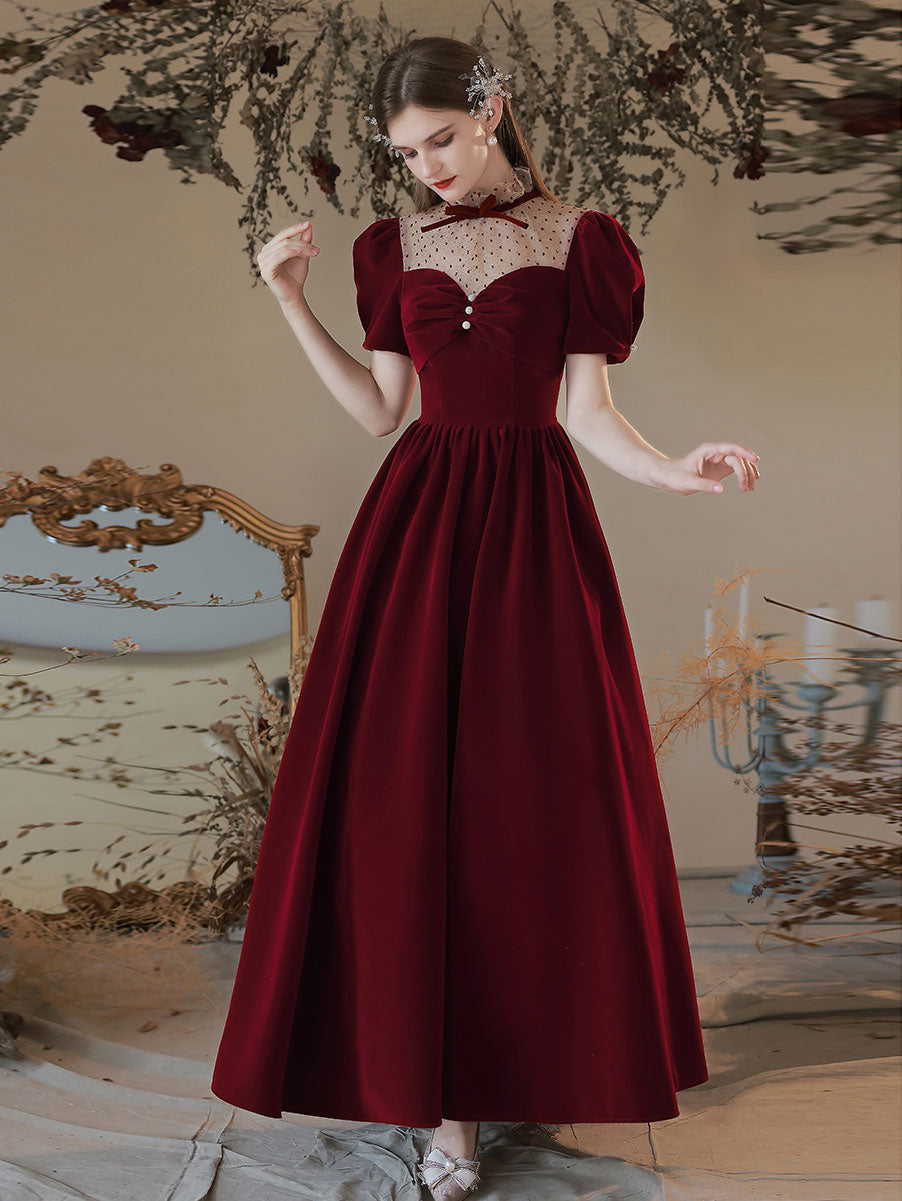 A line Velvet Tea Length Burgundy Prom Dresses, Formal Burgundy Velvet Bridesmaid Dresses