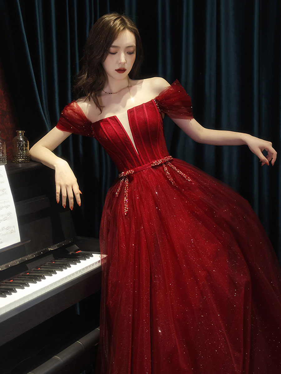 A line tulle sequin long prom dress burgundy tulle formal party dress