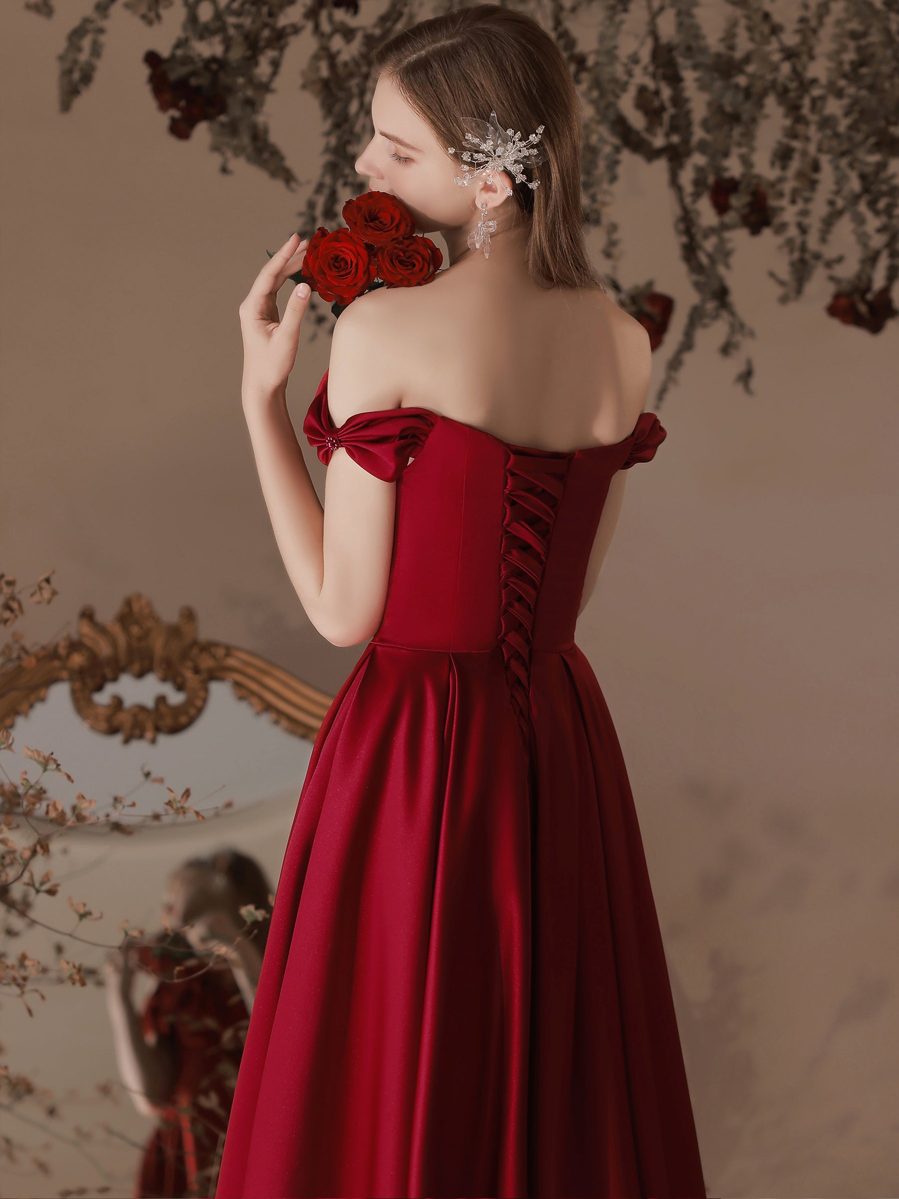 A-Line Burgundy Satin Long Prom Dress, Burgundy Formal Dress