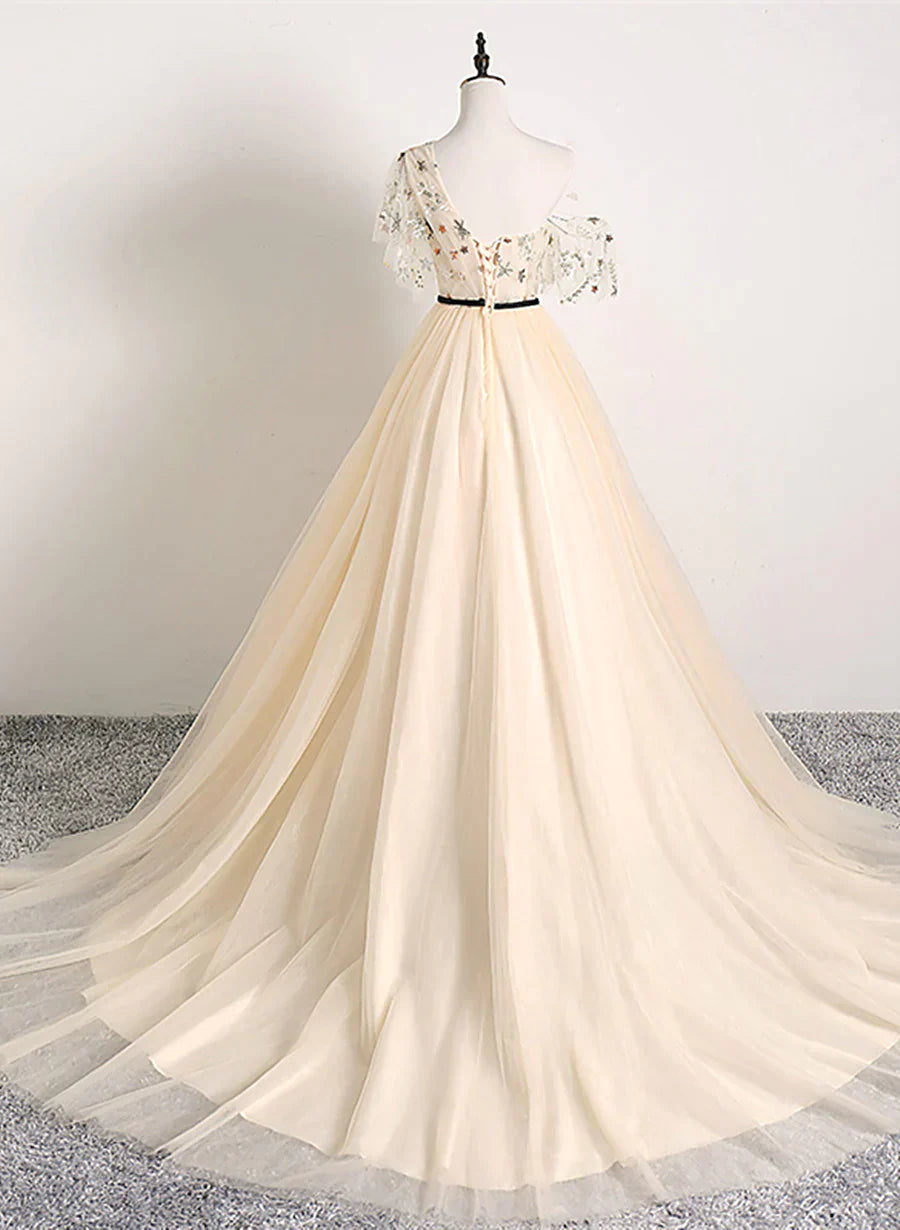 A-line Champagne One Shoulder Prom Dress, Long Party Dress