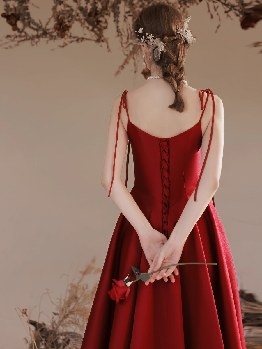 A-Line Burgundy Satin Long Prom Dresses, Burgundy Formal Evening Dress