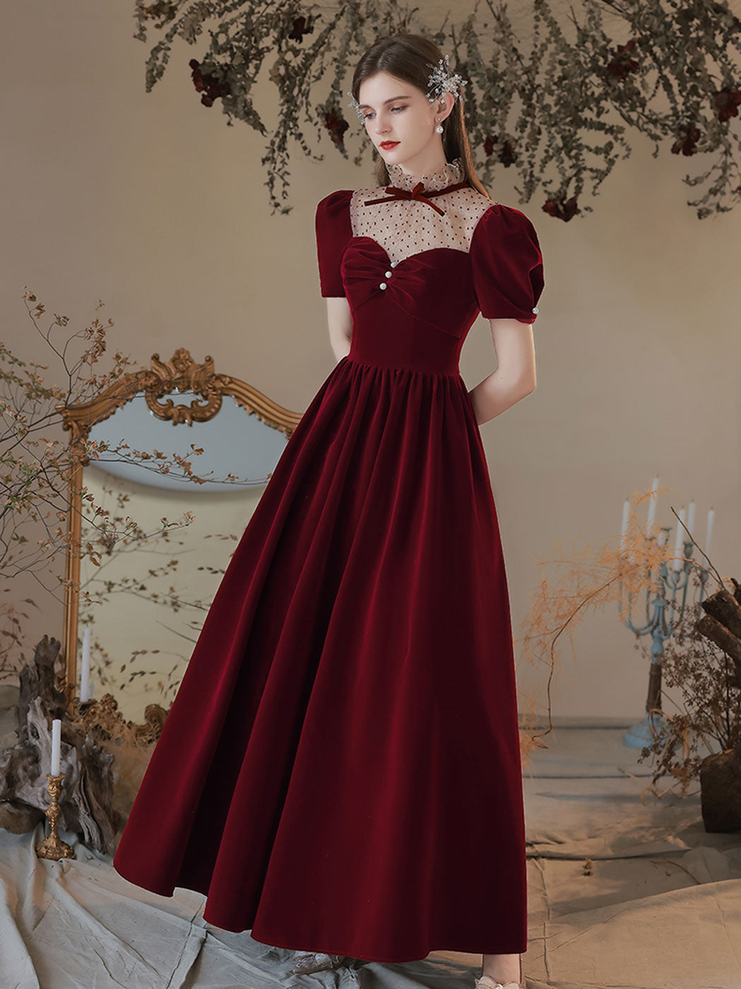 A line Velvet Tea Length Burgundy Prom Dresses, Formal Burgundy Velvet Bridesmaid Dresses