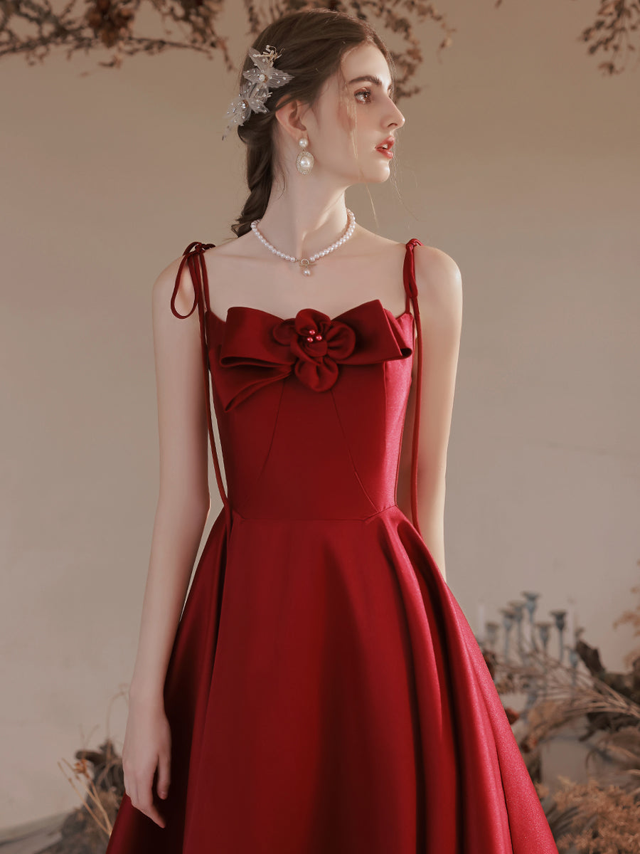 A-Line Burgundy Satin Long Prom Dresses, Burgundy Formal Evening Dress