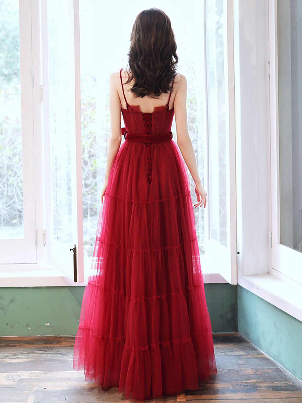 A-Line Burgundy Tulle Long Prom Dresses, Burgundy Formal Evening Dresses
