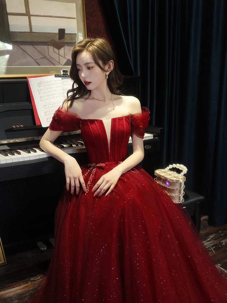 A line tulle sequin long prom dress burgundy tulle formal party dress