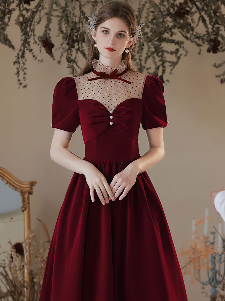 A line Velvet Tea Length Burgundy Prom Dresses, Formal Burgundy Velvet Bridesmaid Dresses