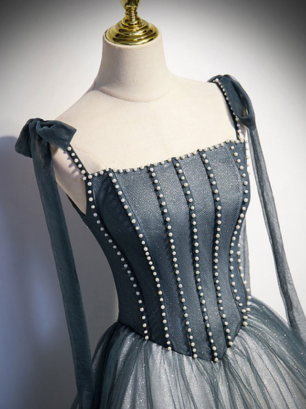 A-Line  Tulle Gray Long Prom Dress, Gray Formal Graduation Dress with Beading