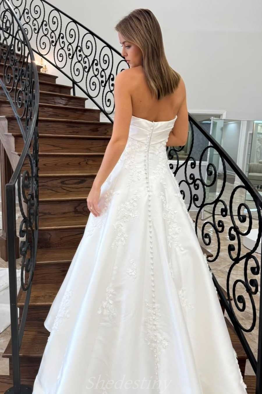 A-Line Ivory Strapless Sweep Train Princess Bride Dress with Applique