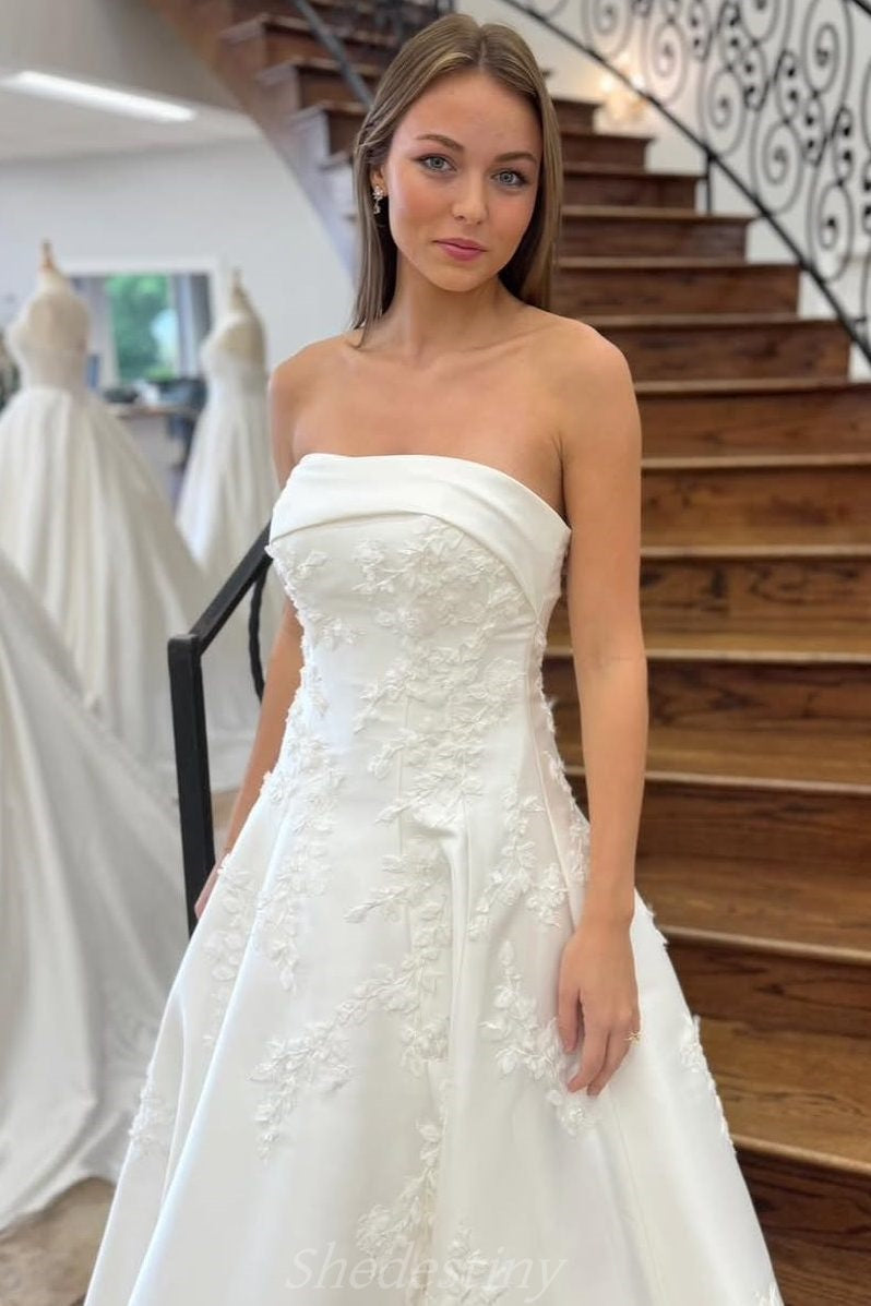 A-Line Ivory Strapless Sweep Train Princess Bride Dress with Applique