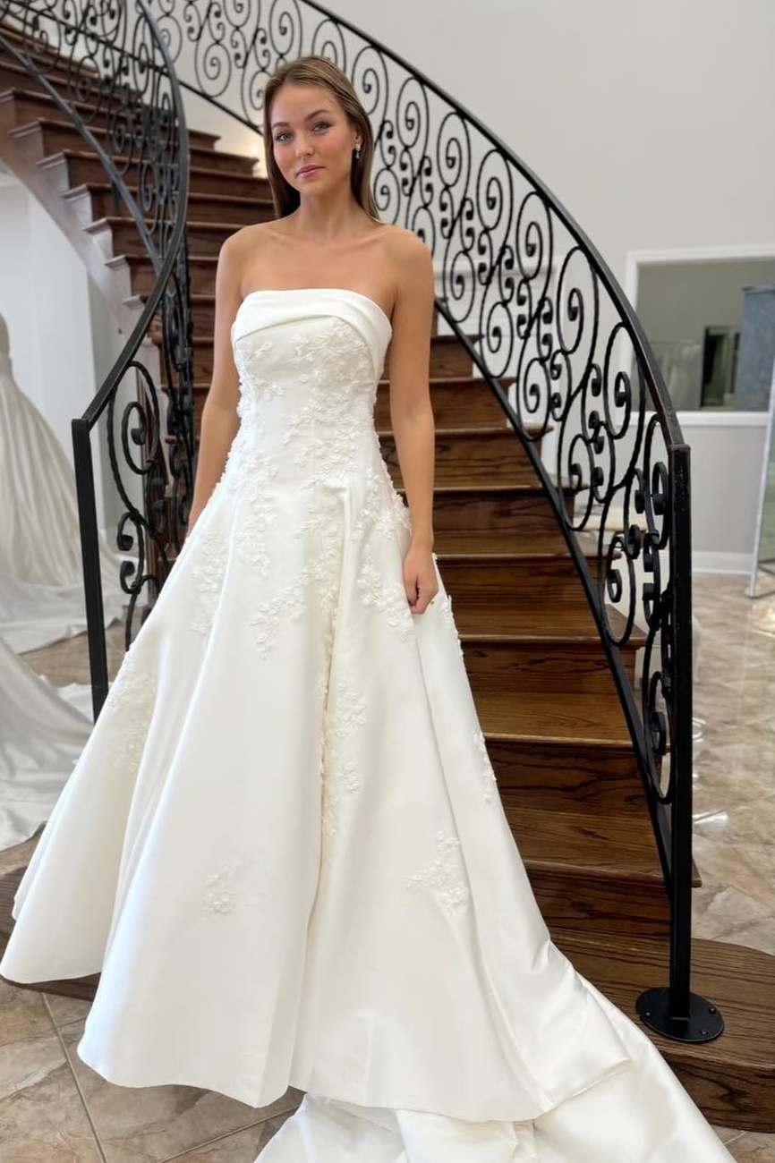 A-Line Ivory Strapless Sweep Train Princess Bride Dress with Applique