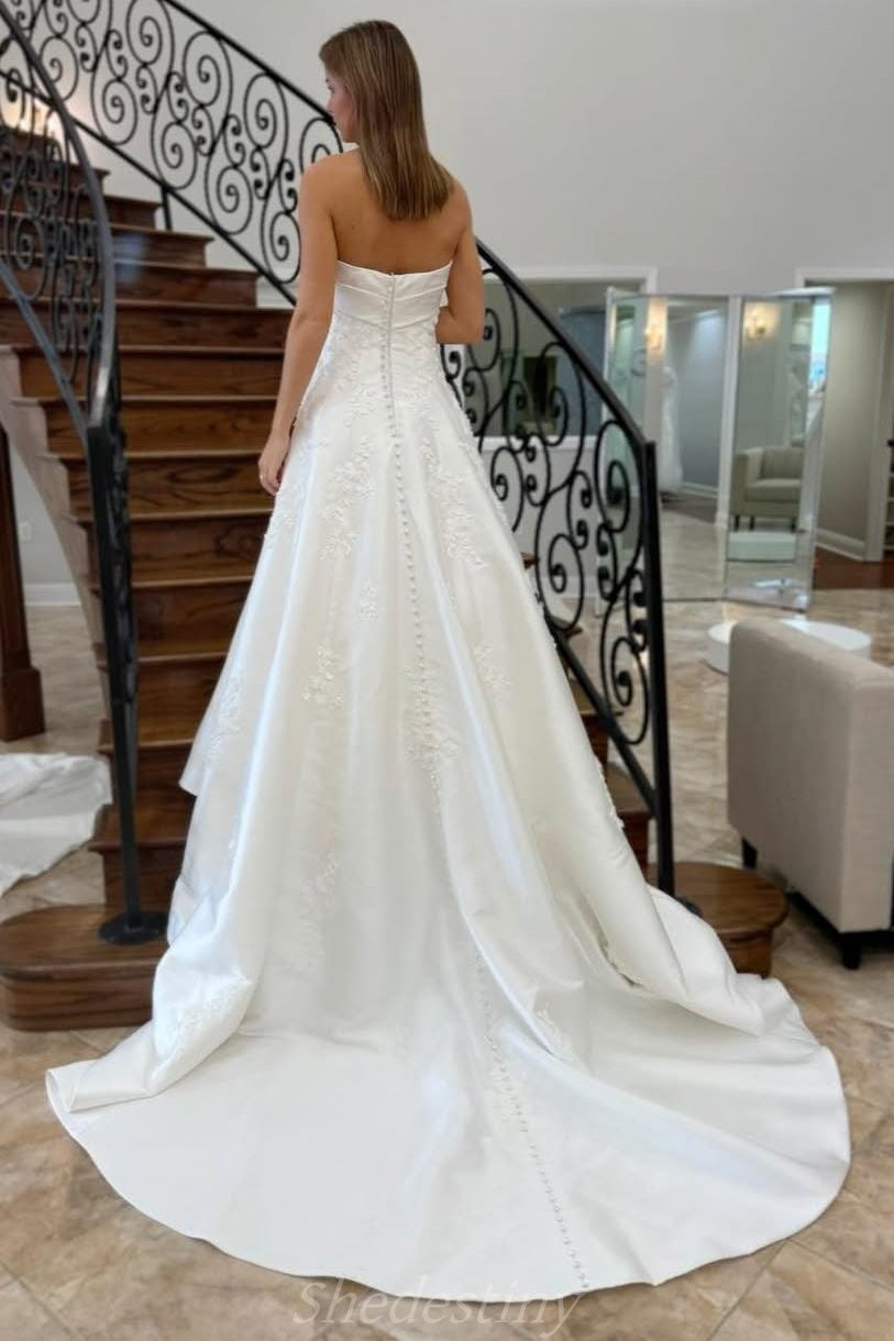 A-Line Ivory Strapless Sweep Train Princess Bride Dress with Applique