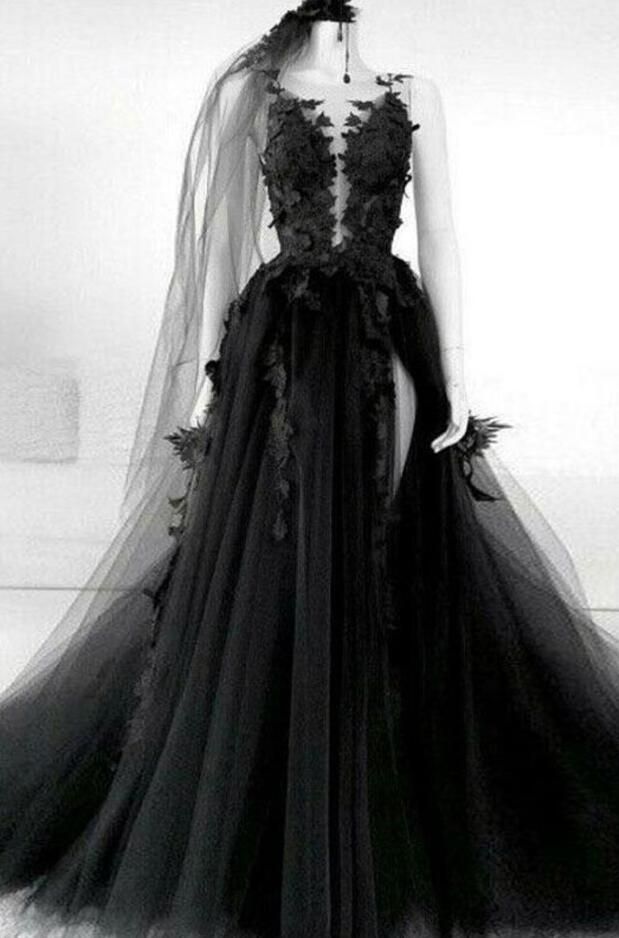 A line Long Black Tulle Lace Prom Dress P1272