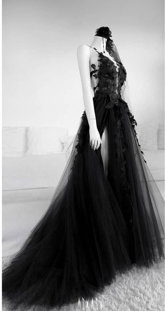 A line Long Black Tulle Lace Prom Dress P1272