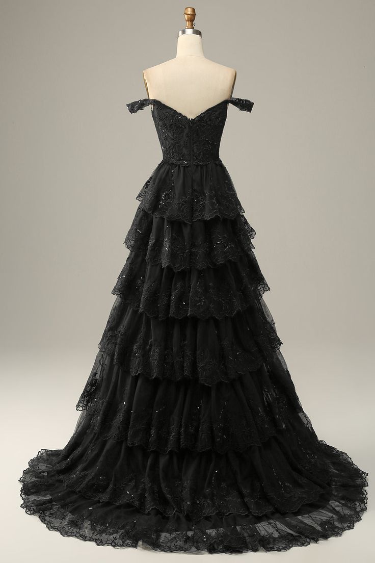 A line Off Shoulder Black Lace Long Prom Dress With High Slit P1513