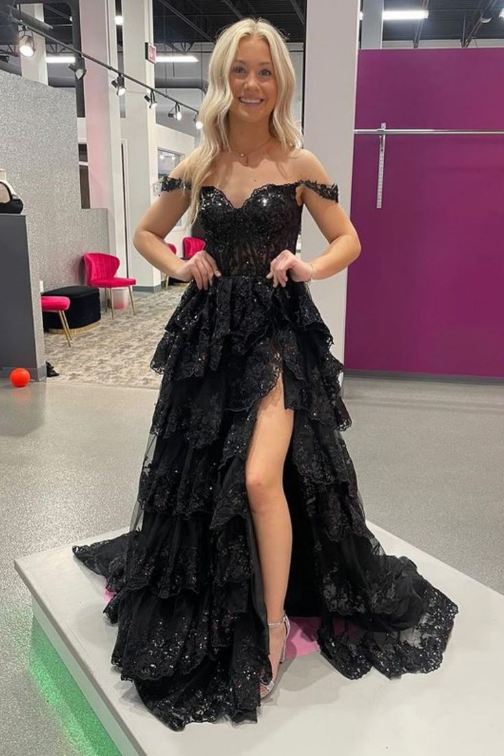 A line Off Shoulder Black Lace Long Prom Dress With High Slit P1513