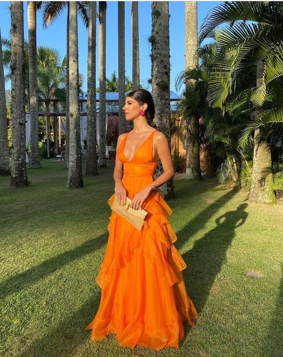 A Line Orange Long Prom Dresses V Neck Formal Dress Outfits P1899