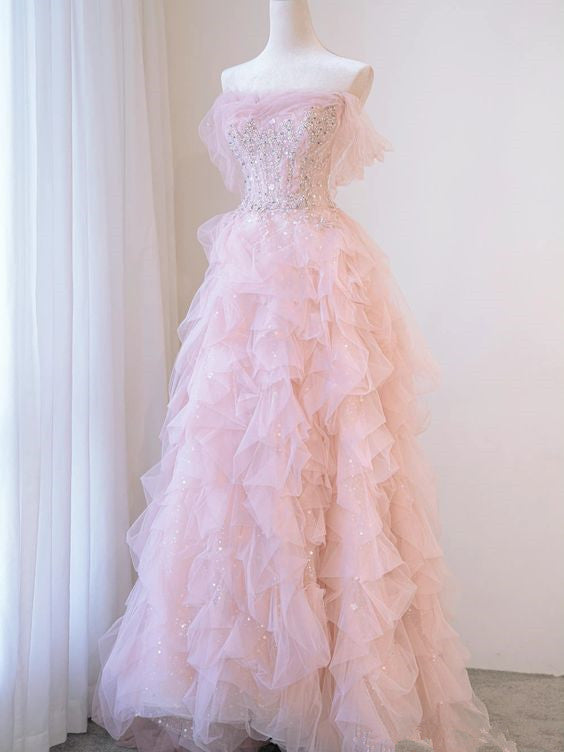 A line Off The Shoulder Tulle Pink Tiered Prom Dresses Evening Dress P2035