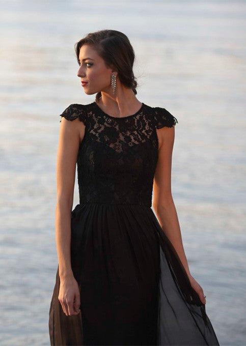 A-Line Cap Sleeves Bateau Neckline Lace Chiffon Floor-length Bridesmaid Dresses